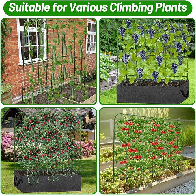 U-Shape Cucumber Trellis with Fabric Raised Garden Bed 65x50 Inch Metal Garden Arch Trellis with Net, Climbing Plants Vegetables Heavy-Duty Outdoor Plant Support for Pea, Grape, Squash, Tomatoes