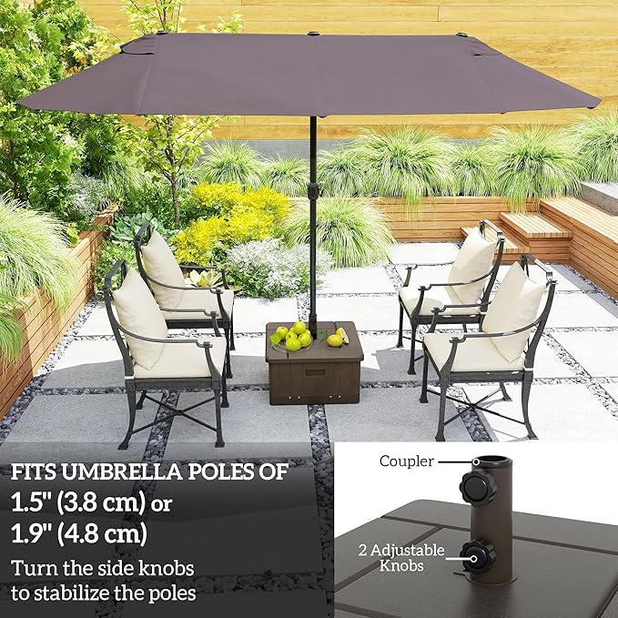 Outsunny 3-in-1 Outdoor Umbrella Base, Coffee End Table, Planter Box with Drain Hole, 175 lbs. Capacity Heavy Duty Fillable Patio Umbrella Stand Table with Wheels and Handles for Deck, Poolside, Brown