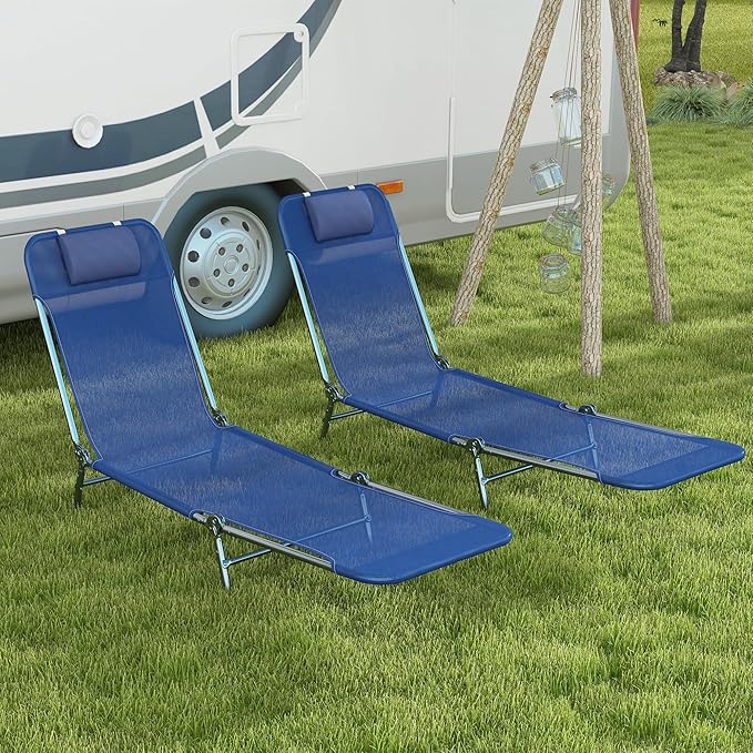 Outsunny 2 Piece Folding Chaise Lounge Chairs, Pool Sun Tanning Chairs with Reclining Back, Breathable Mesh Seat, Headrest for Beach, Yard, Patio, Dark Blue