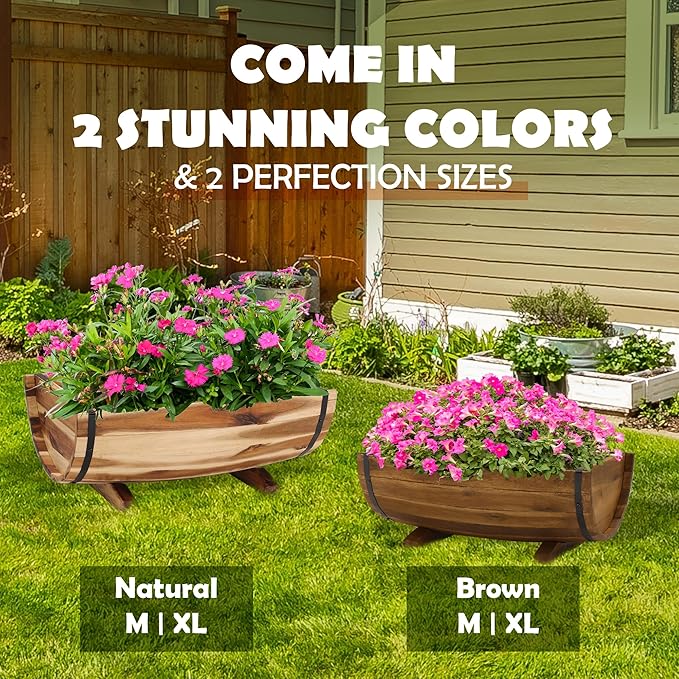 Solid Acacia Wood Half Barrel Planters Outdoor Set of 2 Different Sizes, Wooden Planters for Outdoor Plants with Metal Bands & Drainage Holes, Legs Included, Natural