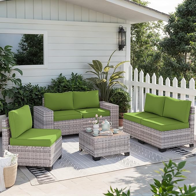 6-Piece Outdoor Patio Furniture Set Wicker Sectional Sofa Set, Patio Conversation Set with Thickened Cushions & Coffee Table for Garden, Backyard, Poolside, Avocado Green