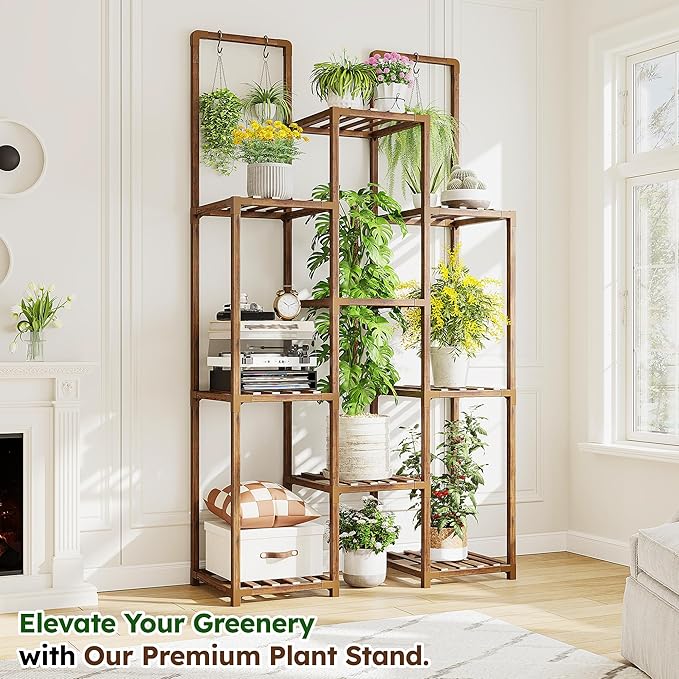 EnHomee Plant Stand Indoor Wood Plant Stand Outdoor Plant Shelves for Multiple Plants Stands with 11-16 Potted for Living Room Patio Balcony Yard Garden 34.2''W×11.8''D×47.4''H