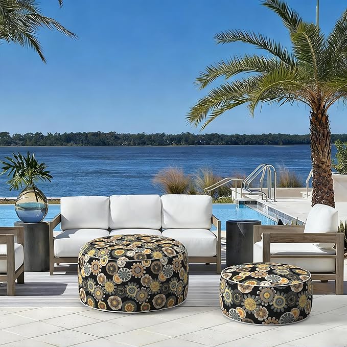 LVTXIII Indoor/Outdoor Inflatable Ottoman with Handle D21 x H9 Inch, Weather-Resistant Round Footstool Pouf for Patio Camping Living Room, Portable Footrest Extra Seating, Black Yellow Crosby