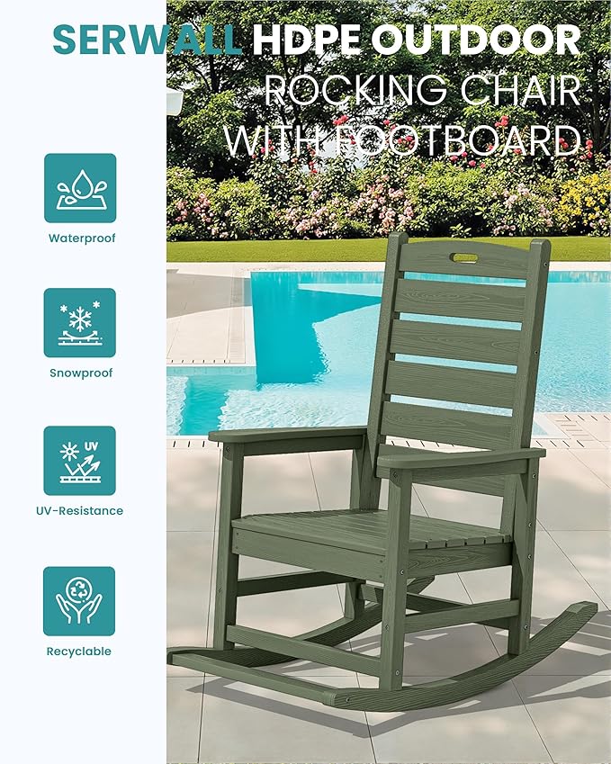 SERWALL Outdoor Rocking Chair Set of 4, Oversized HDPE Patio Rocking Chair with Footrest for Adults, All Weather Porch Rocker for Deck Patio Balcony, Avocado Green