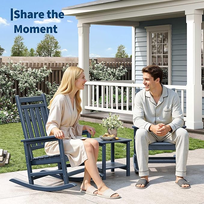 HDPE Rocking Chair Outdoor Set of 4 with 2 Side Table - Poly High Back Porch Rocker Chairs for Adults - All Weather Resistant Furniture for Patio Front Porch - Navy Blue