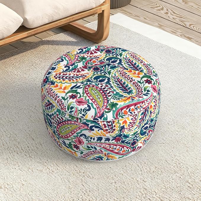 LVTXIII Indoor/Outdoor Extra Large Inflatable Ottoman Pouf D31 x H14 Inch, Round Footstool with Handle, Weather-Resistant Portable Furniture for Patio, Camping, Beach, Vigour Paisley