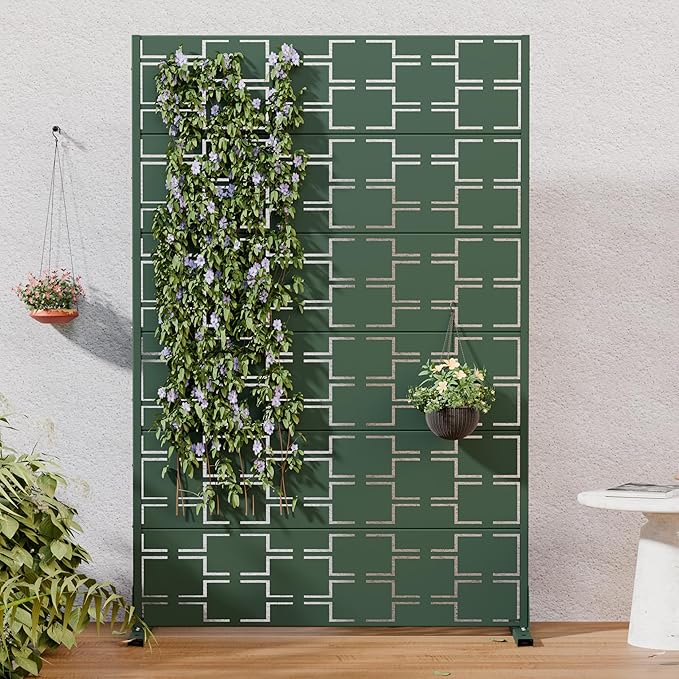 Casaphoria Metal Privacy Screen Outdoor, 72" H x 47" W Freestanding Decorative Privacy Screen for Patio Deck Balcony Garden with Stable Base, Drakgreen-Square