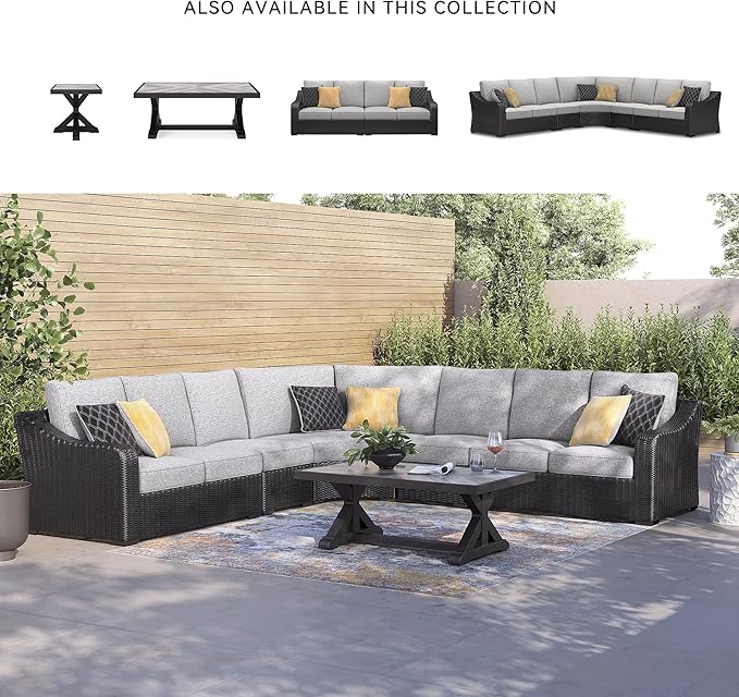 Signature Design by Ashley Beachcroft Curved Modern 5-Piece Outdoor Sectional with Cushion and 6 Throw Pillows, Light Gray