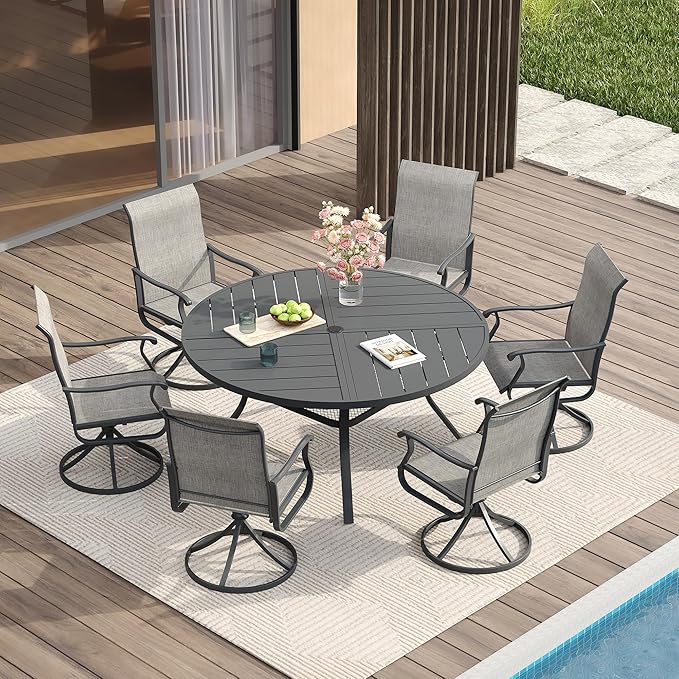 VICLLAX Round Patio Table with Adjustable Umbrella Hole for 6, All Weather Metal Outdoor Dining Table for Lawn Garden, 47.2" Outdoor Coffee Table, Grey Tabletop
