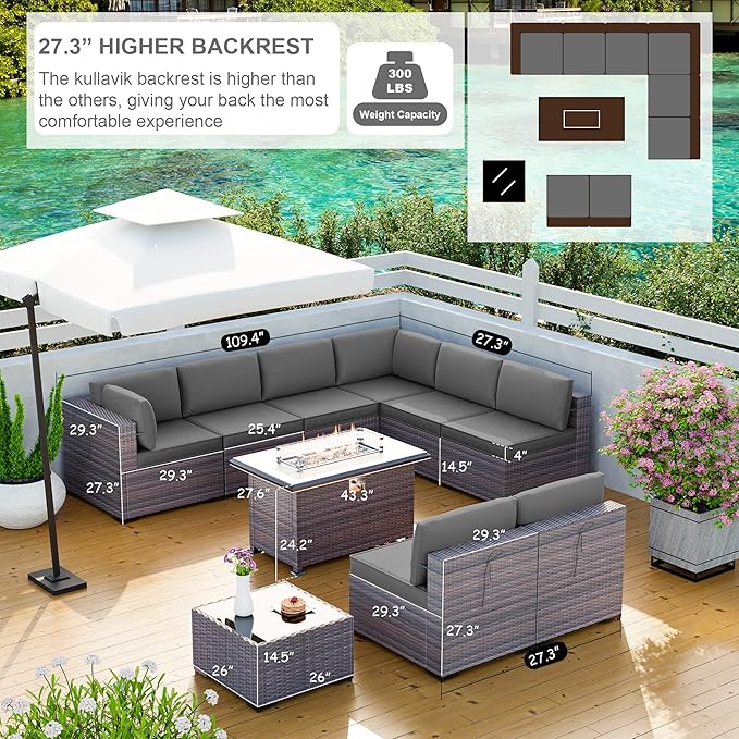 Kullavik 10 Pieces Outdoor Patio Furniture Set with 43" 55000BTU Gas Propane Fire Pit Table PE Wicker Rattan Sectional Sofa Patio Conversation Sets,Grey