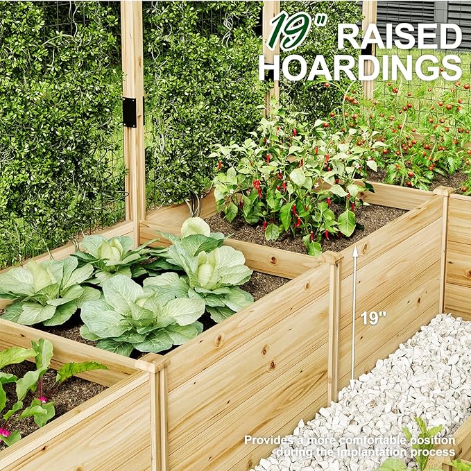 AMERLIFE Raised Garden Bed with Deer Proof Fence, 7.5Wx20Dx6H Outdoor Wooden Raised Garden Bed Planter with 19" Depth Planter Box