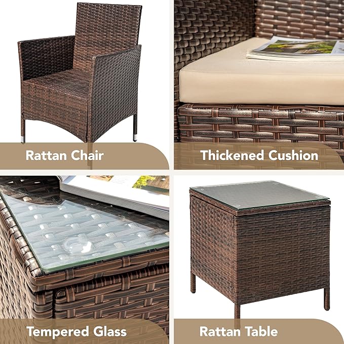 Devoko Patio Porch Furniture Sets 3 Pieces PE Rattan Wicker Chairs with Table Outdoor Garden Furniture Sets (Brown/Beige)