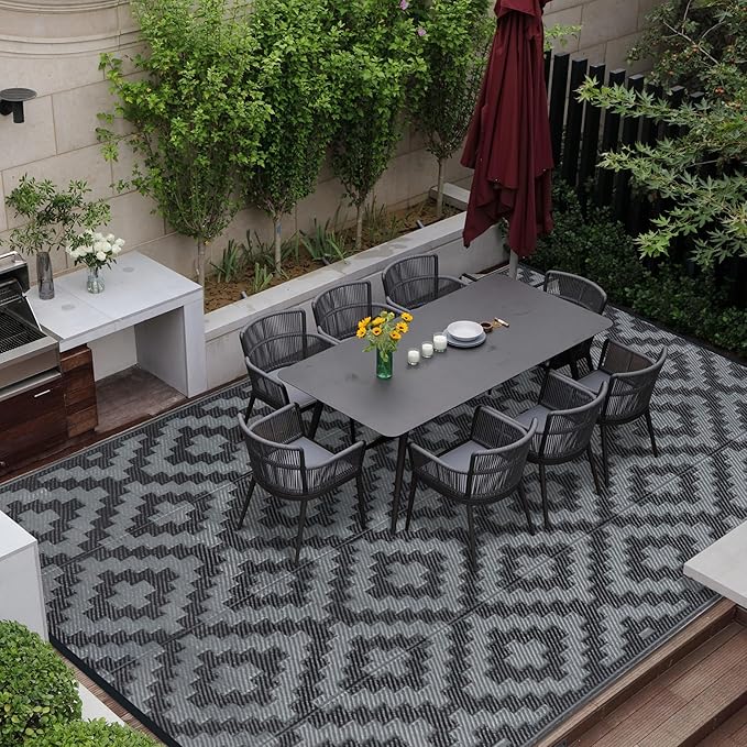 SAND MINE Waterproof Outdoor Rug 9x12 ft, Plastic Reversible Rug, Modern Area Rug, Large Floor Mat for Outdoors, RV, Patio, Backyard, Deck, Picnic, Beach, Camping, Black Grey Lattice