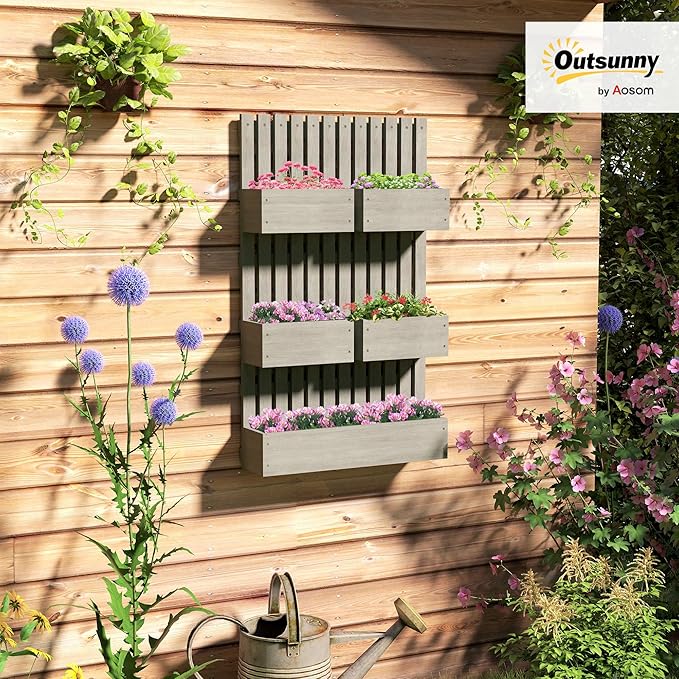 Outsunny 5 Box Raised Garden Bed with Trellis for Vine Flowers & Climbing Plants, 39" Tall Wall-Mounted Wood Planter Box Set with Adjustable Height, Drainage Hole, Gray