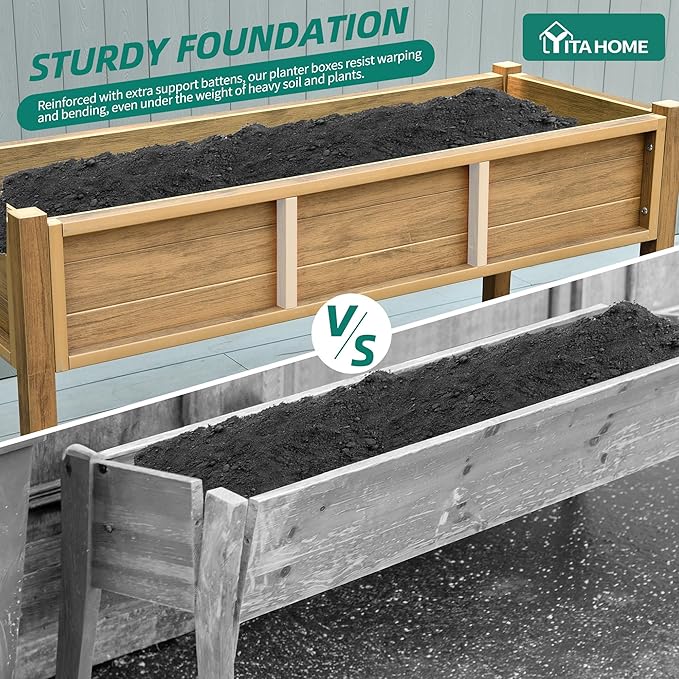YITAHOME Raised Garden Bed Outdoor HDPE with Shelf, 48x18x30in Poly-Wood Weather-Resistant Elevated Planter Box with Legs for Vegetable Flower, Herb Garden Bed for Backyard Balcony Garden, Brown