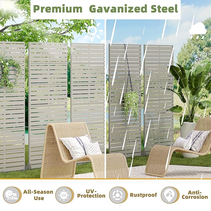 Casaphoria Metal Privacy Screen Outdoor, 72" H x 35" W Freestanding Decorative Privacy Screen for Patio Deck Balcony Garden with Stable Base, Grey-Louvered