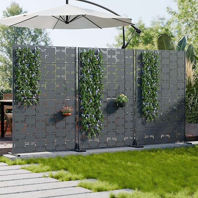 Casaphoria Metal Privacy Screen Outdoor, 72" H x 47" W Freestanding Decorative Privacy Screen for Patio Deck Balcony Garden with Stable Base, Darkgray-Square