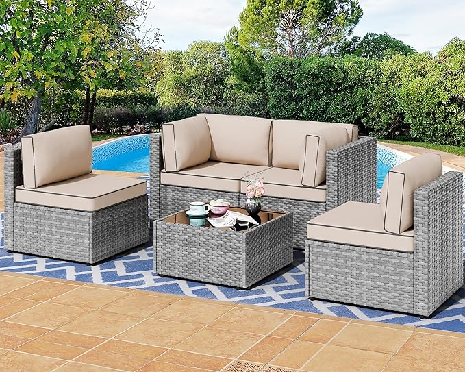Shintenchi 5 Pieces Outdoor Patio Furniture Sets, Patio Sectional Sofa Couch, Gray PE Wicker Furniture Modular Patio Conversation Sets Patio Sofa with Washable Cushions & Table（Khaki）