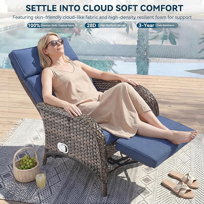 Zero Gravity Wicker Patio Recliner Chairs Set of 2 - Wicker Outdoor Lounge Chair with Adjustable Backrest & Footrest, All Weather Outdoor Reclining Chairs with Thick Cushion for Pool Deck Blue