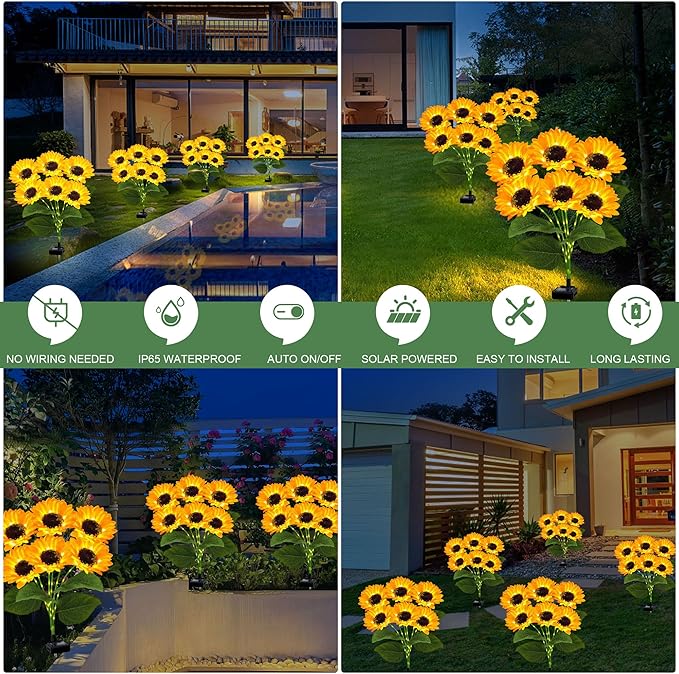 2 Pack with 12 Sunflower Solar Lights Outdoor Garden Decor,Solar Flowers Lights Waterproof,Sunflowers Gifts for Mom Women Grandma Birthday,Decorative Stakes Lights for Landscape Yard Patio Lawn