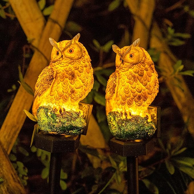 Dazzle Bright 2 Pack Owl Figure Solar LED Lights, Resin Garden Waterproof Decorations with Stake for Outdoor Yard Pathway Outside Patio Lawn Decor to Scare Birds Away, Gifts For Women, Owl Lovers