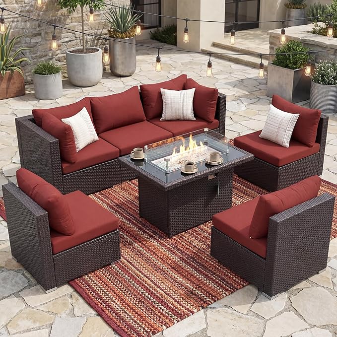 NICESOUL 7 Piece Modular Outdoor Furniture Set with Firepit Natural Gas&Propane, 29.3'' High Back L-Shaped 6-Seater Patio Wicker Sectional Sofa Couch Sets for Tall People, Brown Rattan and Red Cushion