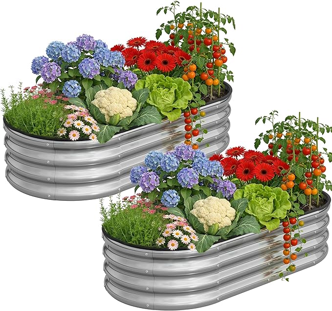 Galvanized Metal Raised Garden Bed Kit for Outdoor Planter Boxes with Easy Assembly,Oval Large Galvanized Gardening Raised Bed for Vegetables, Fruits, Flower (Silver, 4 * 2 * 1ft-2P)