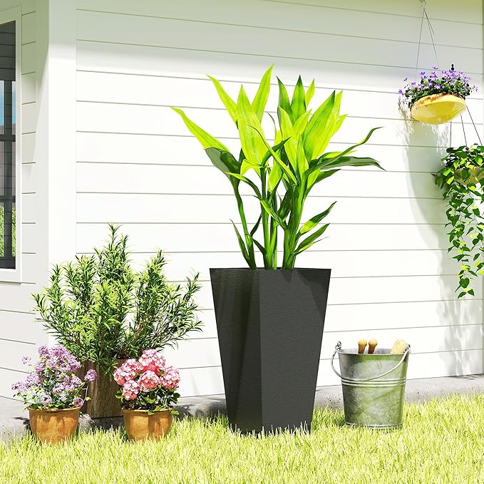 Outsunny 23 Inch Tall Planters for Outdoor Plants, Set of 2 Plastic Flower Pots, Weather and UV Resistant Stackable Tapered Large Planters for Front Door Patio Garden Use, Black