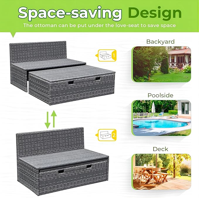 Greesum Outdoor Daybed Set Multifunctional Wicker Lounge Bed Furniture with Two Side Tables, Cushions, Storage Bench for Porch Lawn Patio Beach, OneSize, Gray