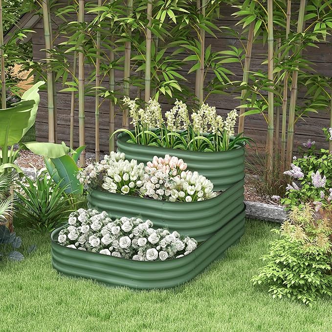Outsunny 3-Tier Galvanized Steel Raised Garden Bed Kit, 62.25" x 43" x 32.25", 3 Combining Planter Boxes with Rubber Strip Edging, Open Bottom for Backyard, Garden, Patio, Green