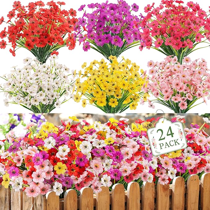 MACTING 24 Bundles Artificial Flowers for Outdoors UV Resistant Fake Flowers Faux Plastic Plants No Fade for Planters Window Patio Porch Home Garden Indoor Outside Spring Decorations(Mix Color-1)