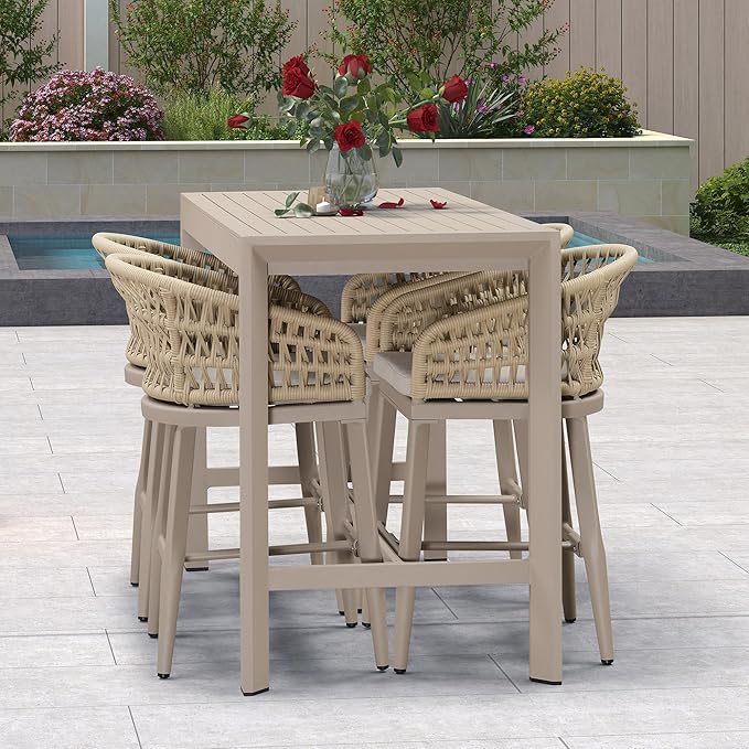 PURPLE LEAF Outdoor Rattan 24" Counter Height Bar Stools Chair Set of 2, Modern Upholstered Patio Bar Stool with Backrest for Indoor and Outdoor, Kitchen Island, Champagne