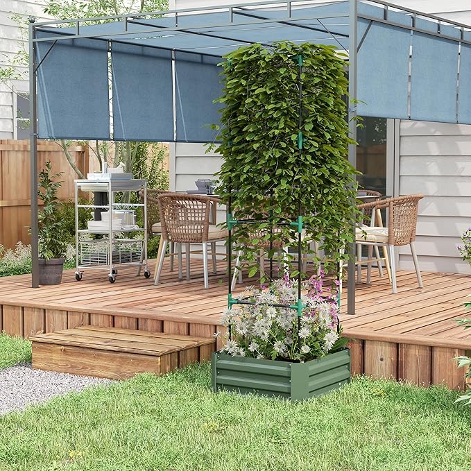 Outsunny Galvanized Raised Garden Bed, 73.5" Tall Outdoor Planter Box with Trellis Tomato Cage and Open Bottom for Climbing Vines, Vegetables, Flowers in Backyard, Garden, Patio, Green