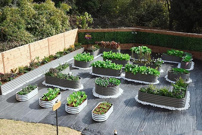 A ANLEOLIFE 12-Pack Galvanized Raised Garden Beds Outdoor, 18" Deep Modular Metal Planter Box Kit, Whole Backyard Farm Garden System with Oval Heart & Round Beds for Vegetable & Flowers, Quartz Grey