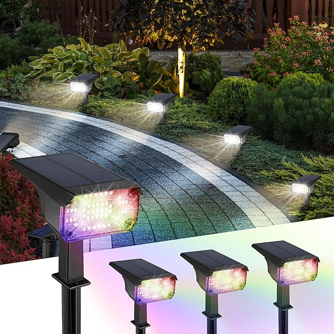 Kingsyard Solar Color Changing Lights 8 Colors, USB & Solar Powered Solar Lights Outdoor Waterproof IP68, Multicolor RGB Outdoor Lights for Garden Yard Landscape Decor, 4 Pack