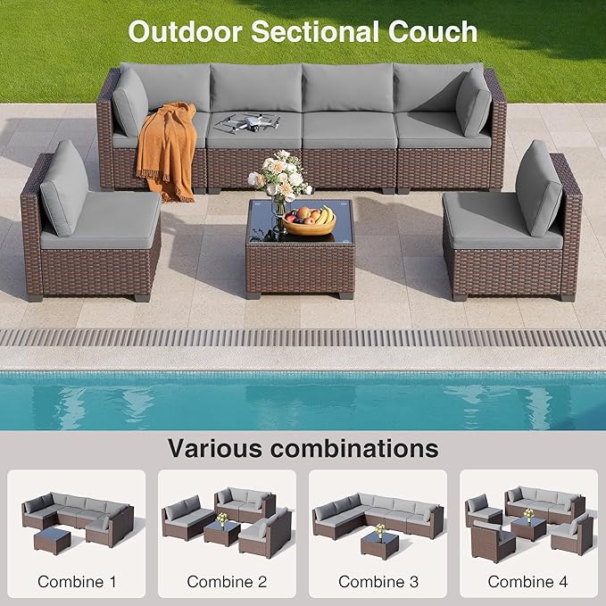 7 Pieces Outdoor Patio Furniture Set, PE Rattan Outdoor Wicker Sectional Furniture Sofa Set, with Cushions and Glass Coffee Table, for Balcony, Porch, Garden, Grey