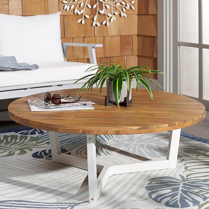 SAFAVIEH Outdoor Collection Leo Natural/White 3-Leg Round Coffee Table, Ideal for Deck, Patio, Backyard, Sunroom
