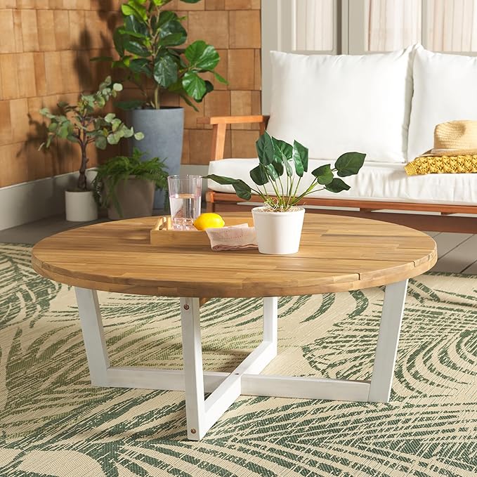 SAFAVIEH Outdoor Collection Leo Natural/White Solid Wood Round Coffee Table