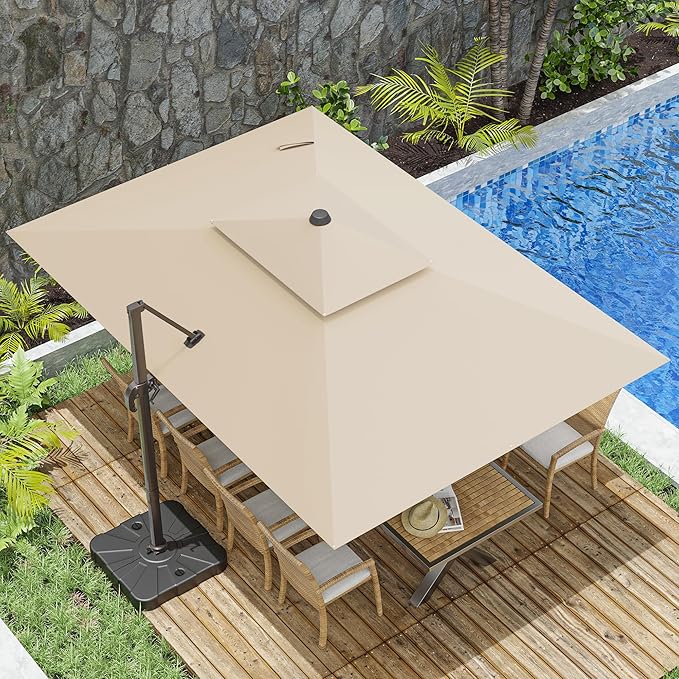 10x13FT Cantilever Outdoor Patio Umbrellas, Double Top Large Rectangle Umbrella, Heavy Duty 360° Rotation Offset Outdoor Sun Shade Umbrella for Garden Deck Pool Backyard Patio, Beige