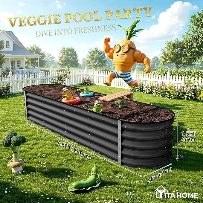 YITAHOME 17" Tall 9 in 1 Raised Garden Bed Kit,96x24 in Large Galvanized Metal Planter Box with Gloves & Safety Rubber, Outdoor Flower Bed for Plants Vegetables Flowers, Black