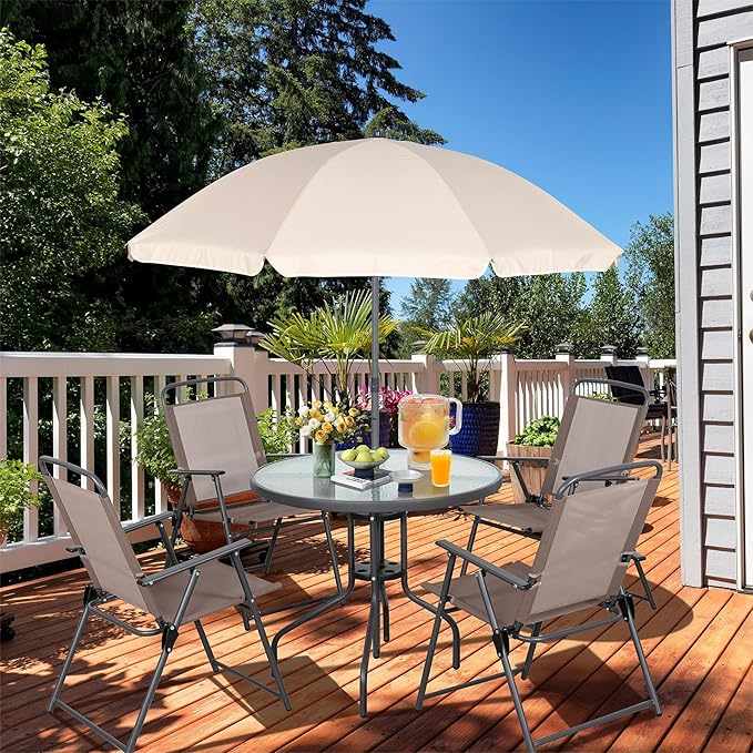 Vongrasig 6 Pieces Folding Patio Dining Set, All Weather Small Metal Outdoor Table and Chair Set, Garden Patio Furniture Set w/Umbrella, Glass Table & 4 Folding Chairs for Lawn, Backyard, Brown