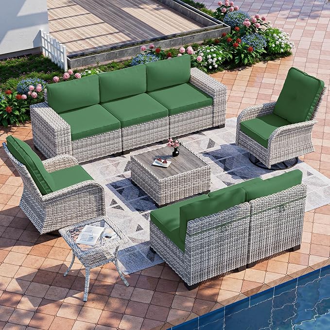 9-Piece Outdoor Patio Furniture Set with Rocking Swivel Chair Wicker Sectional Sofa Set, Patio Conversation Set with Thickened Cushions & Coffee Table for Garden, Backyard, Green