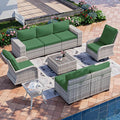 9-Piece Outdoor Patio Furniture Set with Rocking Swivel Chair Wicker Sectional Sofa Set, Patio Conversation Set with Thickened Cushions & Coffee Table for Garden, Backyard, Green