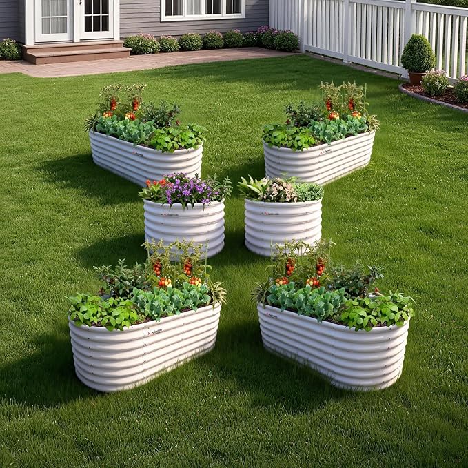 A ANLEOLIFE Set of 6 24 Inch Tall Antique White Raised Garden Beds Kit, Oval & Round Metal Planters – Ideal for Backyard Vegetables Flowers Herbs