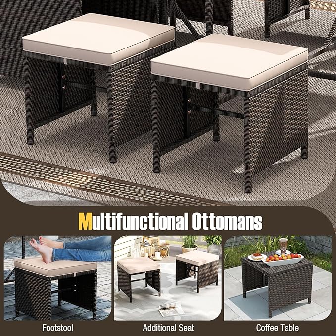 Tangkula 9 Piece Patio Dining Set, Rattan Chairs with Tempered Glass Table & Ottoman, Space Saving Wicker Sectional Conversation Set with Removable Cushions, Outdoor Furniture for Backyard Garden Deck