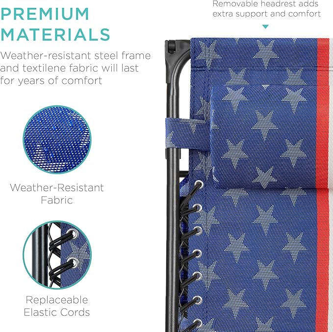 Best Choice Products Folding Zero Gravity Outdoor Recliner Patio Lounge Chair w/Adjustable Canopy Shade, Headrest, Side Accessory Tray, Textilene Mesh - American Flag