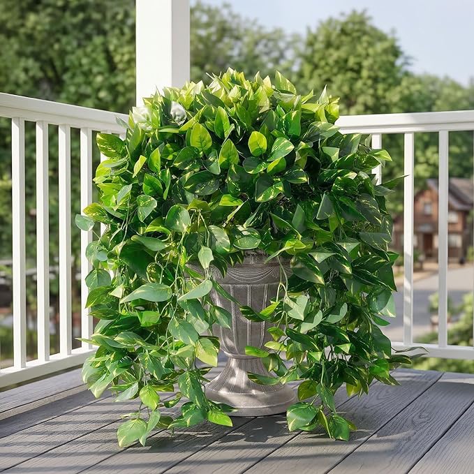 Faux Outdoor Plants Fake Hanging Plants for Outdoors Outside Decorations, 2 Pcs Green Faux Pothos Plant Vines Realistic UV Resistant Artificial Greenery for Planters Porch Garden Yard Front Door Patio