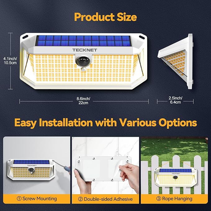 TECKNET 461 LED Solar Powered Outdoor Lights, 270° Angle & 3 Lighting Modes Motion Sensor Light Outdoor, Security Solar Lights Waterproof - 2 Pack, White Color & Warm Light
