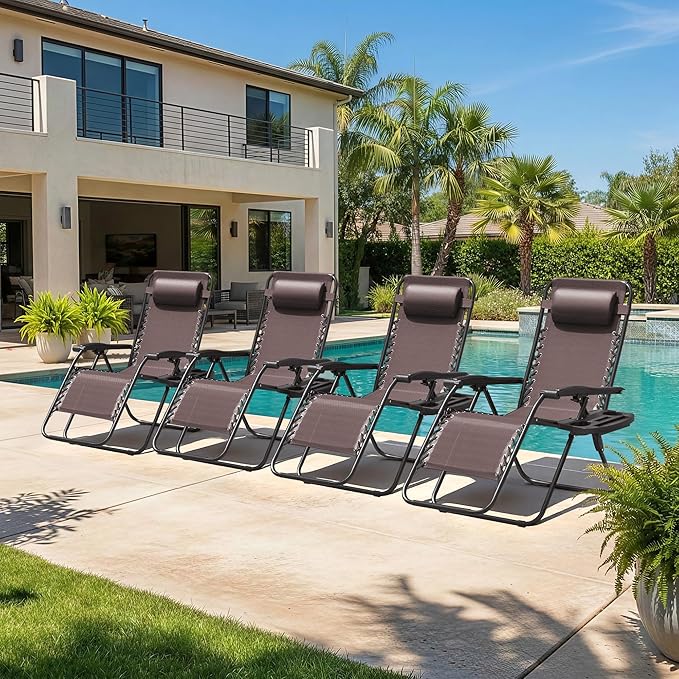 Homall Zero Gravity Chair Patio Folding Lawn Outdoor Lounge Gravity Camp Reclining Lounge Chair with Cup Holder Pillows for Poolside Backyard and Beach Set of 4 (Brown)