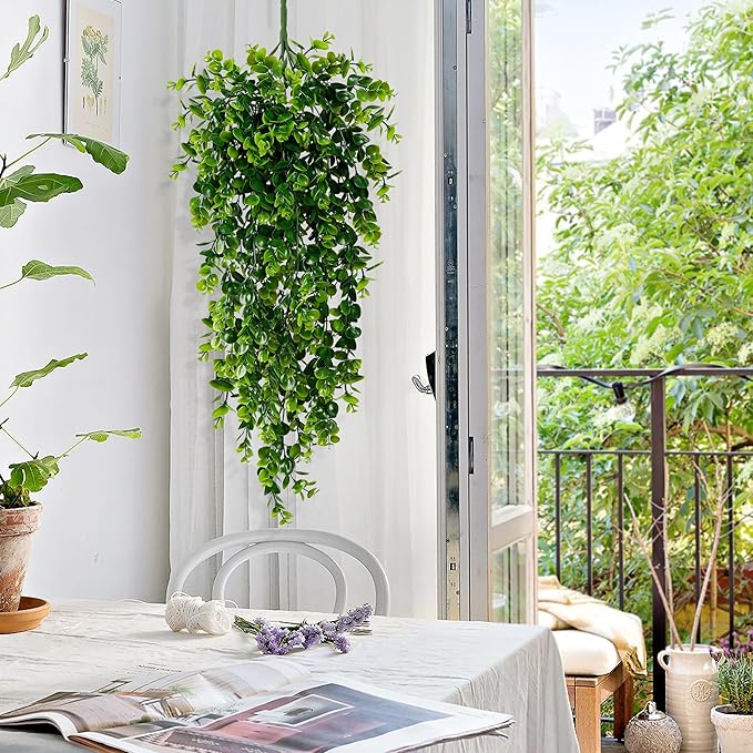 Waipfaru 4Pcs Fake Hanging Plants 2.7ft Fake Plants Eucalyptus Leaves UV Resistant Fake Vines Ivy Artificial Plants Outdoor Faux Plants Indoor Bedroom Living Room Boho Wall Porch Shelf Decor